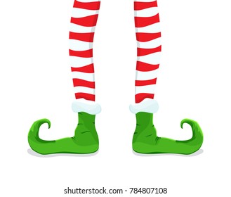 Colored flat icon, vector design with shadow. Cartoon Elf's legs in striped stockings. Illustration for funny assistant Santa Claus. Symbol of Christmas and New Year holidays