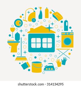 Colored flat icons of cleaning service in circle for web banners, web sites, infographics. Vector template for professional cleaning company.