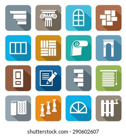 Colored flat icons construction, repair, finishing materials. Colorful, flat, simple icons construction materials for finishing work and repairs. For printing, websites. 