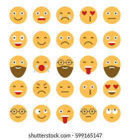 Colored flat icons of emoticons. Smile with a beard, different emotions, moods.