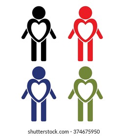 Colored flat icons with a human heart instead of the body. Love and help.