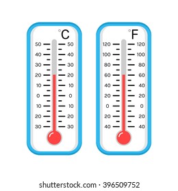 Colored flat icons of thermometers for weather. Scale Celsius, Fahrenheit. 