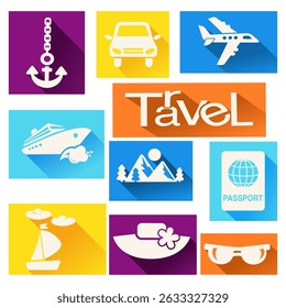 Colored flat icons of travel tourism recreation