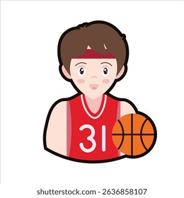 A colored flat illustration of a basketball player cartoon character, depicted in a jersey with a ball, ideal for sports and team spirit visuals.