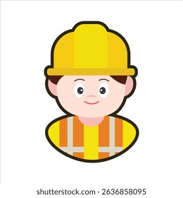 A colored flat illustration of a construction worker cartoon character, shown with a hard hat and hammer, ideal for building and industry designs.