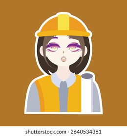 A colored flat illustration of a cute architect profession avatar cartoon character, showcasing a tiny blueprint and helmet, great for construction and design projects.