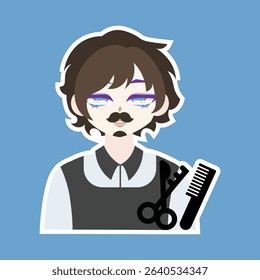 A colored flat illustration of a cute barber profession avatar cartoon character, featuring a small scissors and comb, perfect for grooming and salon designs.