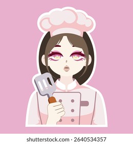 A colored flat illustration of a cute chef profession avatar cartoon character, featuring a tiny hat and spatula, perfect for culinary and restaurant-themed designs.