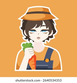 A colored flat illustration of a cute farmer profession avatar cartoon character, showcasing a tiny pitchfork and overalls, great for agriculture visuals.