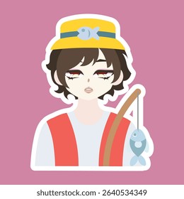 A colored flat illustration of a cute fisherman profession avatar cartoon character, depicted with a small rod and hat, ideal for outdoor designs.