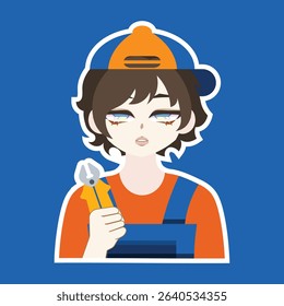 A colored flat illustration of a cute mechanic profession avatar cartoon character, depicted with a tiny wrench and overalls, ideal for repair visuals.