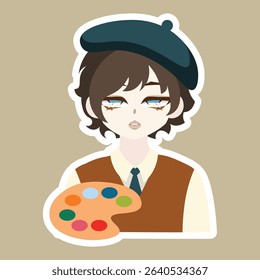 A colored flat illustration of a cute painter profession avatar cartoon character, showcasing a tiny brush and palette, great for art and creativity visuals.
