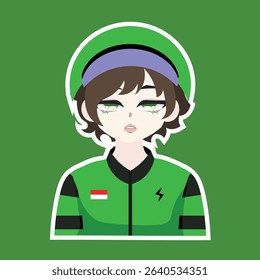 A colored flat illustration of a cute taxi bike driver profession avatar cartoon character, showcasing a small bike and helmet, great for transportation designs.