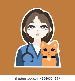 A colored flat illustration of a cute veterinarian profession avatar cartoon character, featuring a tiny stethoscope and pet, perfect for animal care visuals.