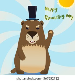 Colored flat illustration with groundhog in a hat, which is afraid of his shadow. Card design. Happy Groundhog Day theme. 