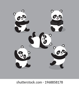 Colored flat illustration of pandas. Funny and cute bamboo bears. Five different positions for the panda. Printing on postcards for printing, printing on glass and textiles