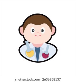 A colored flat illustration of a scientist cartoon character, featuring a lab coat and test tube, perfect for science and education projects.