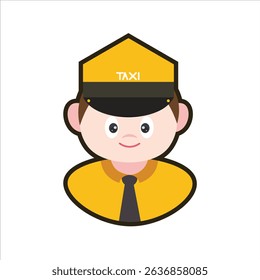A colored flat illustration of a taxi driver cartoon character, showcasing a yellow taxi and cap, great for transportation and urban-themed visuals.