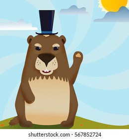 Colored flat illustration with textured groundhog in a hat on the green lawn. Card design. Happy Groundhog Day theme. 