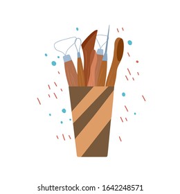 Colored flat illustration of wood tools for pottery and sculpting in cup on abstract background. Hobbies and workshop. Vector cartoon element for greeting cards, labels and your creativity.
