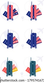 Colored flat illustrations of travel set (bag, passport and tickets) with flight route background. Vector illustration for infographics, apps, presentations, web-sites etc. 