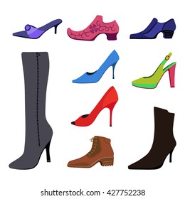 Colored flat lay man & women shoes set, vector illustration isolated on white background