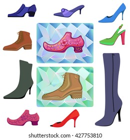 Colored flat lay man & women shoes set, vector illustration isolated on white background