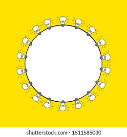 Colored flat line vector illustration. 
Light bulbs on a yellow background, arranged in a circle.