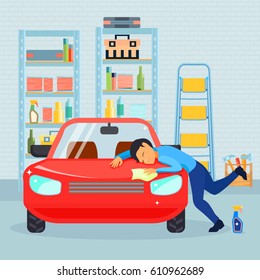 Colored Flat Male Love His Car Composition With Man Washes His Car In The Garage Vector Illustration