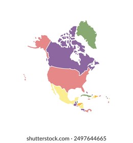 Colored flat North America isolated map on white background. High detailed, with country set. Include USA, Canada, Mexico, Cuba, Guatemala, Haiti, Dominican Republic, Honduras, Nicaragua.