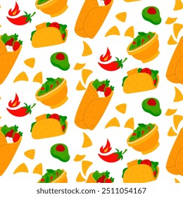 Colored flat pattern of tacos, burritos, peppers, guacamole, nachos, avocado. Fast food with various fillings. Mexican spicy cuisine, Latin American fast food. Bright colored seamless texture. Yellow