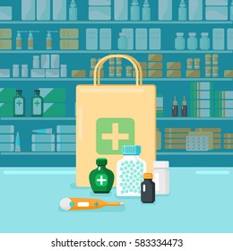 Colored flat pharmacy concept with buying in firm package on background of shop windows with medications vector illustration