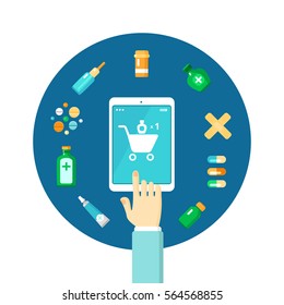 Colored Flat Pharmacy Online Composition With Isolated Icon Set Of Medicines And Medical Tools With Drug Tablets Droplets In Online Store Vector Illustration