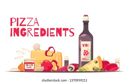 Colored and flat pizza composition with pizza ingredients headline and bottle of wine vector illustration