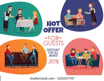 Colored Flat Restaurant Pub Visitors Poster With Hot Offer For Guests Discounts For All Menus Descriptions Vector Illustration