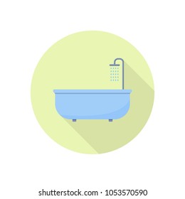 Colored flat round icon, vector design with shadow. Bathtub with shower for illustration for bathroom, plumbing and hygiene.