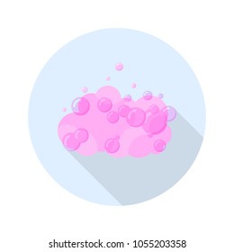 Colored flat round icon, vector design. Soapy cloud of foam with bubbles for illustration for bathroom, hygiene, soaping, wash and washing hands. Molecules reaction in science and chemistry