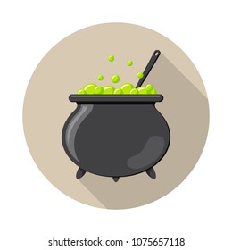 Colored flat round icon, vector design with shadow. Cartoon witches cauldron with potion, bubbles and spoon for illustration of magic, witchcraft, boiling potions. Symbol of Halloween.