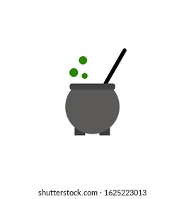 Colored flat round icon, vector design with shadow. Cartoon witches cauldron with potion, bubbles and spoon for illustration of magic, witchcraft, boiling potions. Symbol of Halloween.