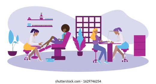 Colored flat salon nail composition with manicure and pedicure procedure two clients vector illustration