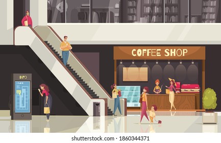 Colored flat shopping escalator composition with coffee shop and other shops around vector illustration