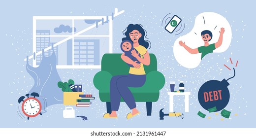 Colored flat stress people composition tired young mother with tears in her eyes sits at home with her baby vector illustration