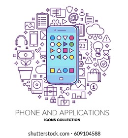 Colored flat style smart phone with home screen applications. Beautiful thin line background. Circle of icons around.