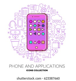 Colored flat style smart phone with home screen applications. Beautiful thin line background. Circle of icons around.