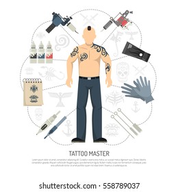 Colored flat tattoo studio concept with tattooed man and tools around him vector illustration