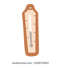 A colored flat thermometer icon for a Russian bathhouse, sauna, steam room. A thermometer hangs on the wall to track indoor degrees. Weather, degree flat illustration
