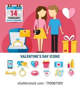 Colored flat valentines day icon set with icons combined in composition couple in love vector illustration
