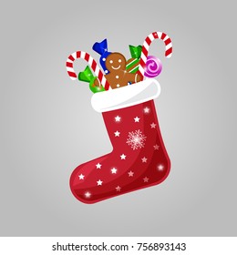 Colored flat vector design with shadow. Christmas stocking with sweets and candies. Illustration of waiting for gift on Christmas Eve. Symbol of Christmas and New Year holidays