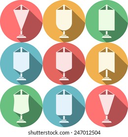 Colored flat vector icons for pennant. Set of colored circle flat vector icons with white silhouette different shape vertical pennants and long shadow on white background.