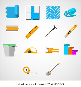 Colored flat vector icons for working with linoleum. Set of colored vector icons with tools for working with linoleum on white background.